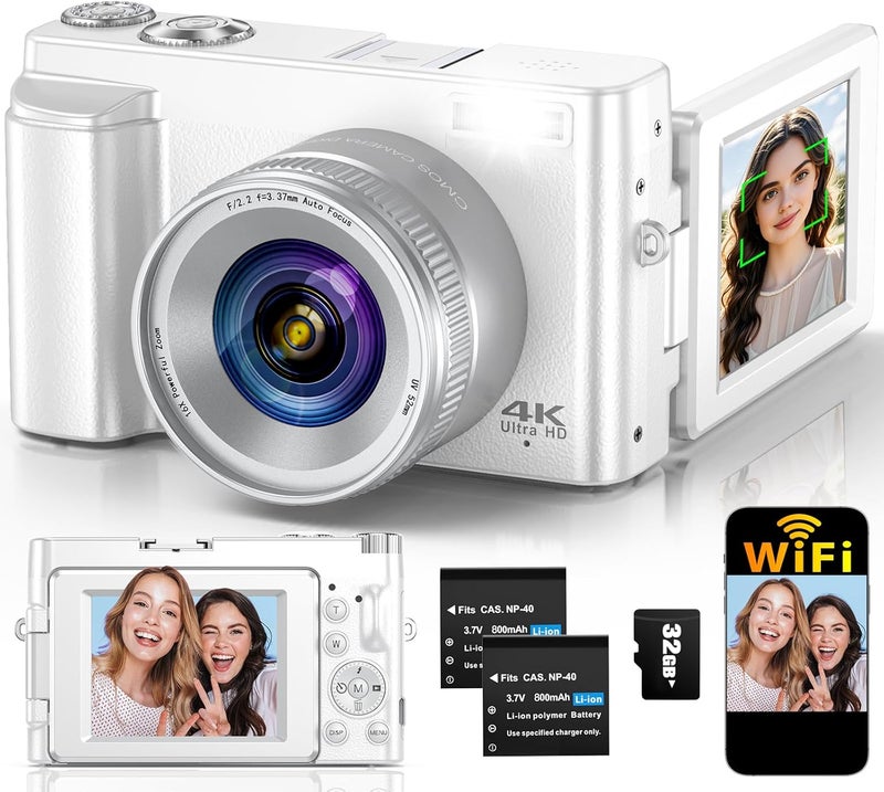 TEFTYMON 4K Digital Camera for Photography Autofocus, 64MP WiFi Vlogging Camera for YouTube with 2 Batteries, SD Card, 3" 180°Flip Screen Selfie Compact Travel Camera for Teens with 16X Zoom, Anti-Shake, White - Image 1